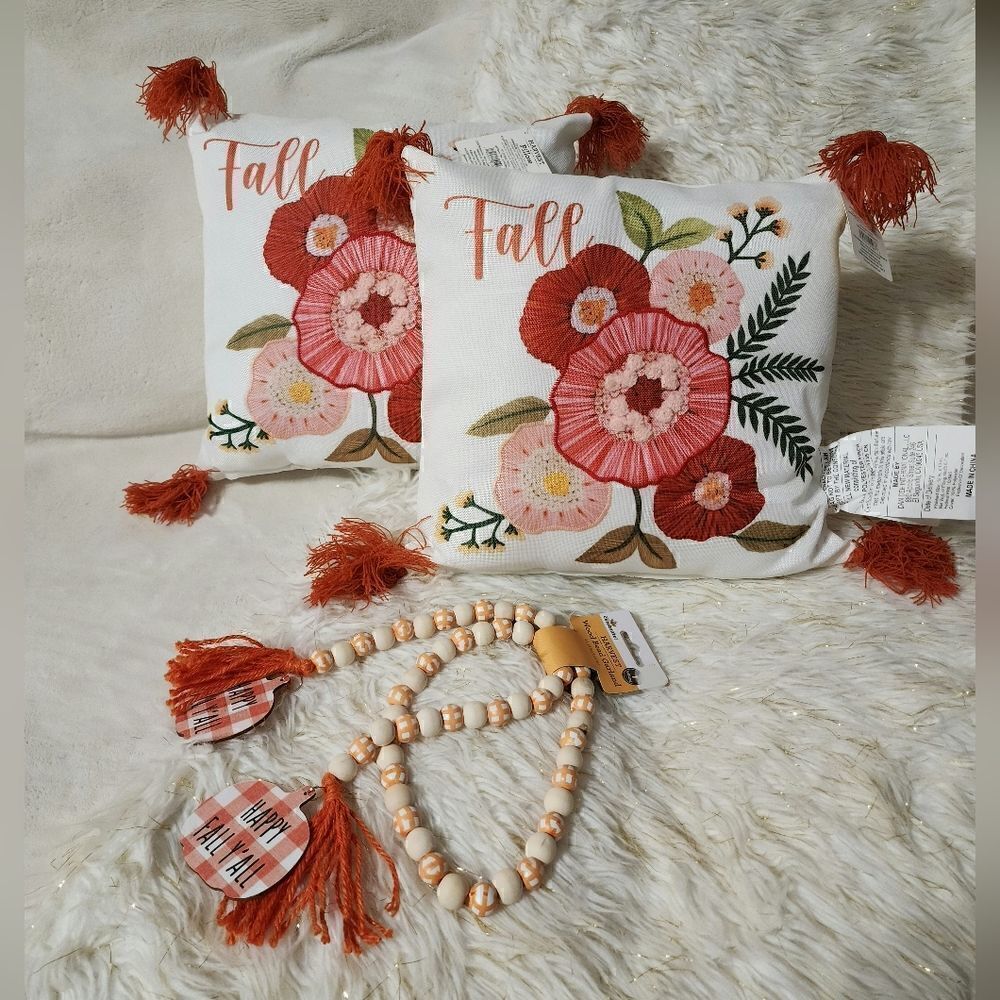 Fall/harvest decorative pillows set of 2 and wooden beads
